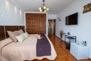 a bedroom with a large bed and a flat screen tv at Hostal Casa Mercedes in Nerja