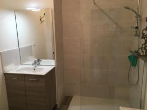 W łazience znajduje się umywalka i prysznic. w obiekcie Gîte horizon mer et campagne w mieście Pornic