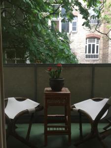 - une table avec deux chaises et une plante en pot dans l'établissement Ferienwohnung West, à Stuttgart