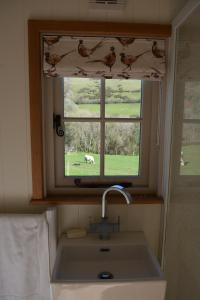 a kitchen sink with a window with a view of a pasture at Snug Oak Hut with a view on a Welsh Hill Farm in Brecon