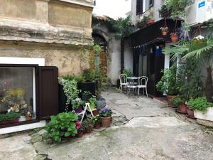 cortile con piante in vaso, tavolo e sedie di Apartment Saric a Lovran (Laurana)