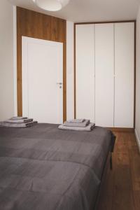 1 dormitorio con 2 camas y 2 puertas correderas en Apartament w centrum Olsztyna - Grunwaldzka, en Olsztyn