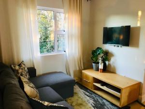 uma sala de estar com um sofá e uma televisão em Kilkenny Cottages 2 bedroom unit em Joanesburgo