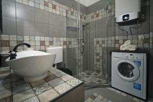 a bathroom with a sink and a washing machine at Standard Apartment by Hi5 -Akácfa 57 in Budapest +16 photos