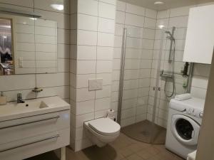 a bathroom with a toilet a sink and a shower at Bjørnestrand Fjordside View in Bergen