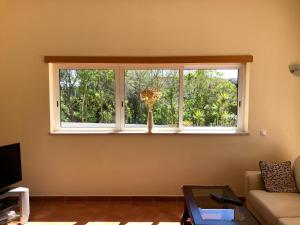 a living room with a window with a vase of flowers at Lovely Burgau villa just 3 mins walk from beach in Budens