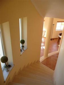 a staircase in a room with two potted plants at Lovely Burgau villa just 3 mins walk from beach in Budens