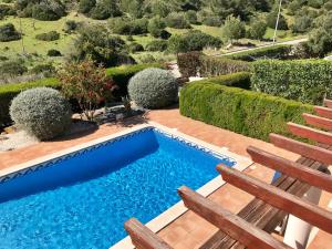 a swimming pool in the middle of a garden at Lovely Burgau villa just 3 mins walk from beach in Budens +24 photos