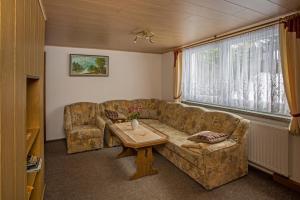 - un salon avec un canapé et une table dans l'établissement Ferienhaus Gläser, à Bockau