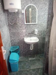a small bathroom with a sink and a mirror at Villa Vlasta in Soko Banja