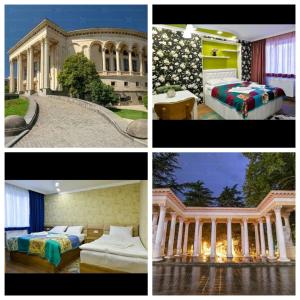 kolaż czterech zdjęć z łóżkami i budynku w obiekcie HOSTEL LOOK w Kutaisi