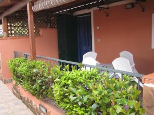 un balcón con sillas blancas y plantas verdes en Casa Vacanze Mimose, en Palinuro