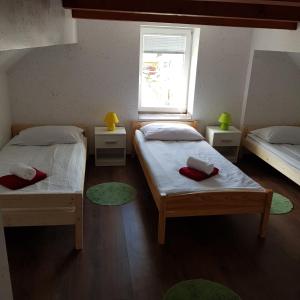 1 dormitorio con 2 camas y ventana en Guesthouse Osvald, en Žirovnica