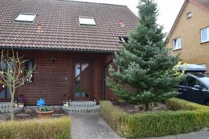 una casa con un árbol de Navidad delante de ella en Fünfeichener Weg 16 en Eisenhüttenstadt