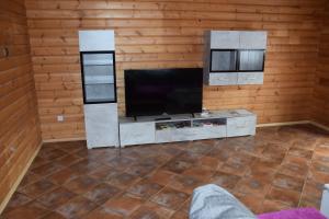 a living room with a flat screen tv on a wooden wall at Fünfeichener Weg 16 in Eisenhüttenstadt