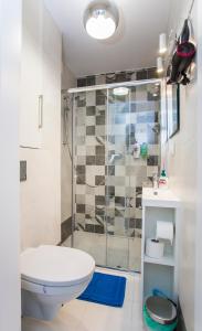 W łazience znajduje się toaleta i przeszklony prysznic. w obiekcie CR Kameralny Apartament przy Pałacu Branickich w mieście Białystok
