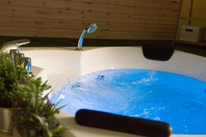 Helvetia Bed & Breakfast في كاستلمتسانو: حوض الحمام به صنبور وبه سائل ازرق