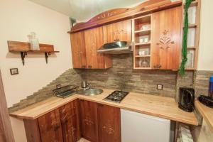 a kitchen with wooden cabinets and a sink at Apartament Zborowskiego in Zakopane +4 photos