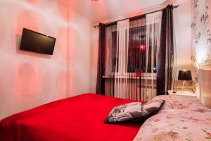 a bedroom with a bed with a red blanket and a window at Apartament Słoneczna in Zakopane