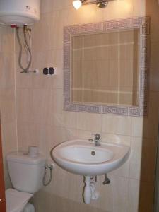 a bathroom with a sink and a toilet and a mirror at Ośrodek Wypoczynkowy Perkoz in Okuninka