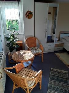 un soggiorno con tavolo, sedie, tavolo e sedie di Pension Hänsel a Ehrenberg