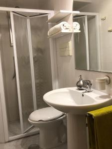 ein Bad mit einem WC, einem Waschbecken und einer Dusche in der Unterkunft Dimora del '500 -City Apartment San Vito in San Vito dei Normanni