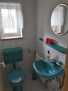 a bathroom with a blue sink and a mirror at Pension Hänsel in Ehrenberg