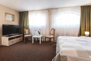 a hotel room with a bed and two chairs and a television at Hotel Karle in Vitrupe