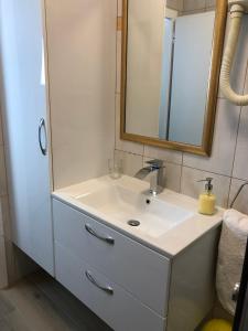 a bathroom with a white sink and a mirror at Apartmani Učka in Opatija