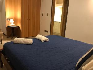 1 dormitorio con 1 cama azul y 2 almohadas en Borde lago I - II -III, en Puerto Varas