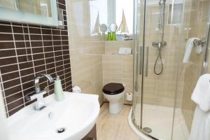 a bathroom with a shower and a sink and a toilet at Bosanneth in Falmouth