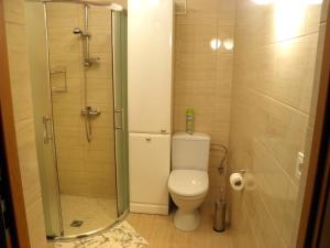 a bathroom with a toilet and a glass shower at APARTAMENT BERMUDY in Świnoujście +16 photos