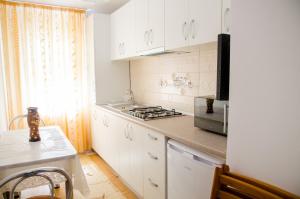 a kitchen with white cabinets and a stove top oven at Garsoniera Jad in Tîrgu Ocna +13 photos