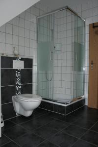 カロリーネンジールにあるAm Kurzentrum 16のトイレとガラスのシャワー付きのバスルーム +20枚の写真