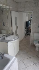 a bathroom with a sink and a toilet and a television at Petite maison au cœur du Berry in Culan +2 photos