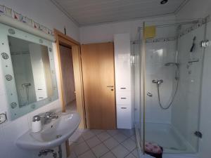 uma casa de banho com um chuveiro, um lavatório e um chuveiro em Ferienwohnung "Wißbergblick" em Wolfsheim