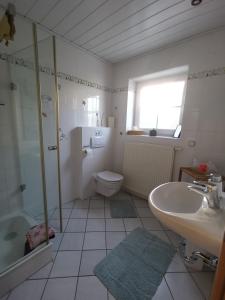 uma casa de banho com um lavatório, um WC e um chuveiro em Ferienwohnung "Wißbergblick" em Wolfsheim