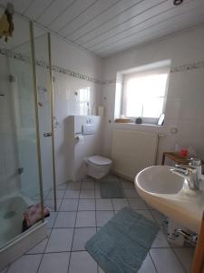 a bathroom with a sink and a toilet and a shower at Ferienwohnung "Wißbergblick" - KEINE Monteurwohnung! in Wolfsheim