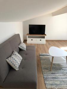ein Wohnzimmer mit einem Sofa und einem TV in der Unterkunft Bellevue in Saintes-Maries-de-la-Mer