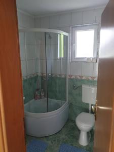 La salle de bains est pourvue d'une douche, de toilettes et d'une baignoire. dans l'établissement Vacation home Djogic, à Ilidža