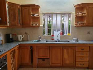 a kitchen with wooden cabinets and a sink at VILLA DES ILES MONT CHOISY in Mont Choisy