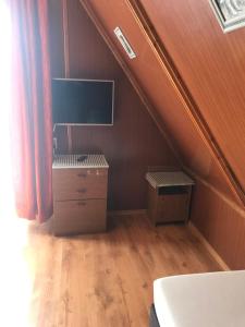ザコパネにあるStefankaのベッド、デスク、テレビが備わる客室です。