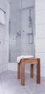a bathroom with a shower and a bench in front of a shower at Urlaubspension 'Hohes Rott' und Apartmenthaus in Heilbad Heiligenstadt