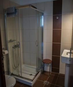 a shower stall with a stool in a bathroom at Minos Hotel in Preveza