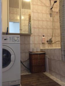 a kitchen with a washing machine in a bathroom at Old Town apartament in Šiauliai +5 photos