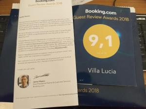 Certifikát, hodnocení, plakát nebo jiný dokument vystavený v ubytování villa lucia