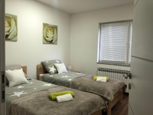 2 Betten in einem kleinen Zimmer mit Fenster in der Unterkunft Apartman Danijela in Otočac