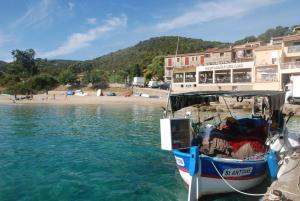 a boat sitting in the water next to a beach at HOTEL CAMPOMORO in Belvédère-Campomoro