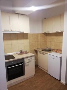 eine Küche mit weißen Schränken und einem Waschbecken in der Unterkunft Laguna apartman 2 in Niš
