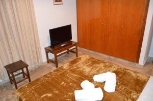 ポロスにあるMaria Parameriti Apartmentsのベッドとテレビが備わるホテルルームです。